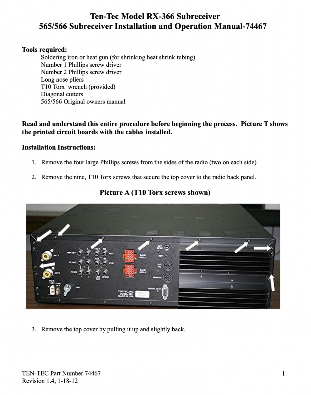 Ten-Tec - Orion I Model 565 - HF Transceiver - RX-366 Sub Receiver Installation and Operation v1.4