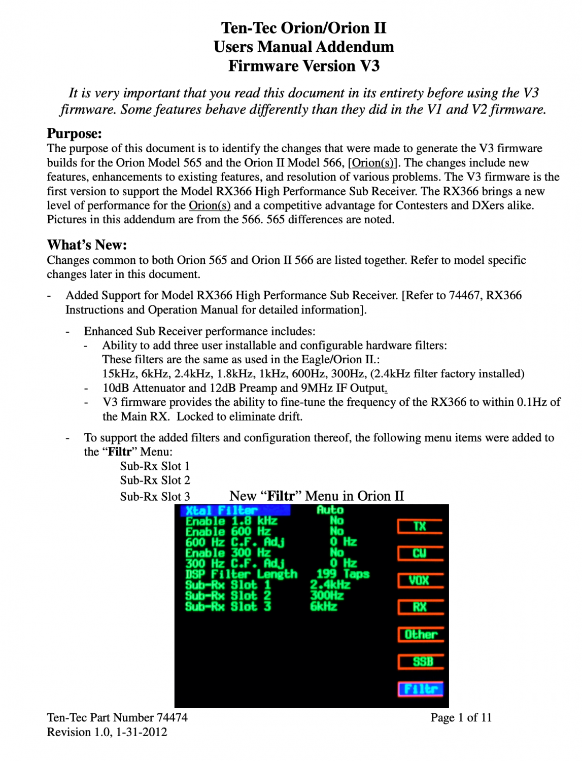 Ten-Tec - Orion I Model 565 - HF Transceiver - Users Manual Addendum Firmware Version v3