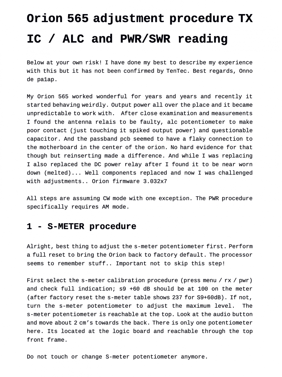 Ten-Tec - Orion I Model 565 - HF Transceiver - Adjustment Procedure TX IC, ALC and PWR-SWR Reading