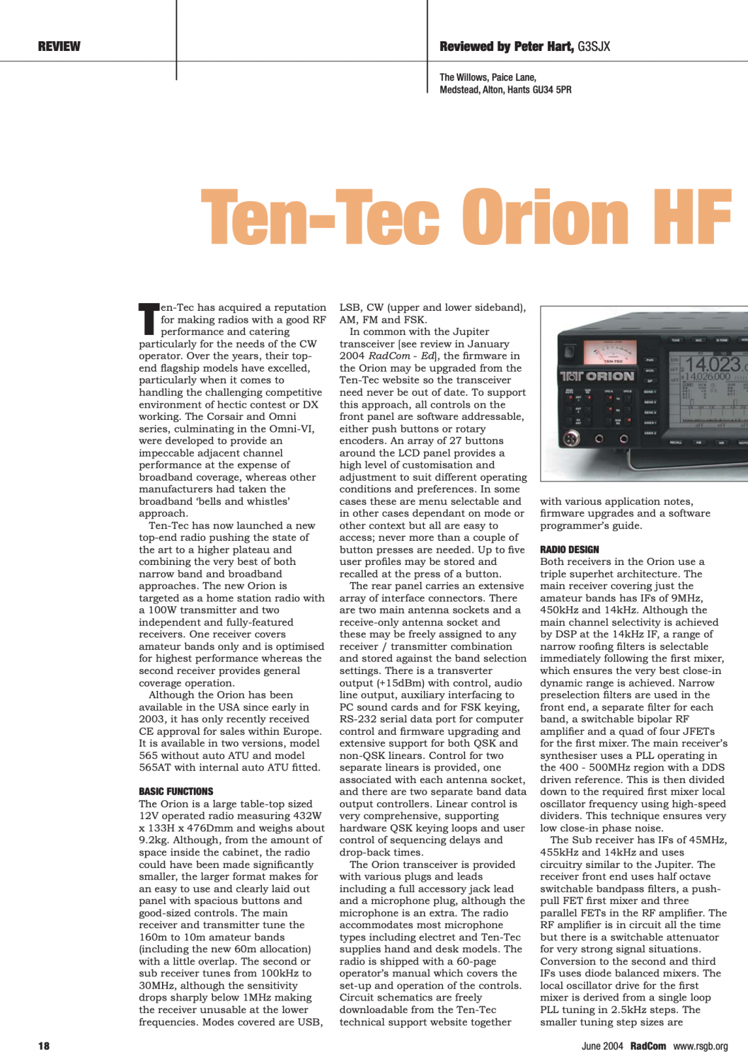 Ten-Tec - Orion I Model 565 - HF Transceiver - Review by RadCom (2004-06)