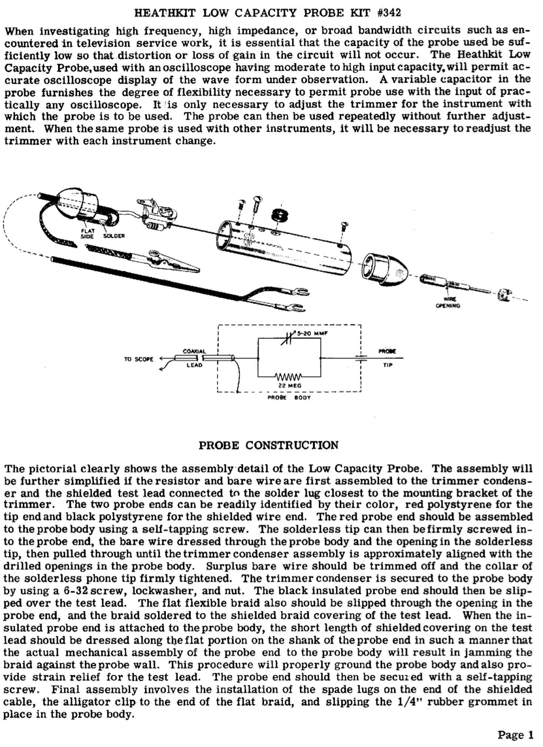 Heathkit 342 Low Capacity Probe Kit - Assembly Instructions