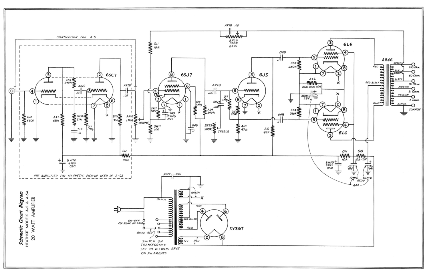 Heathkit A-5A 20 Watt Amplifier - Schematic
