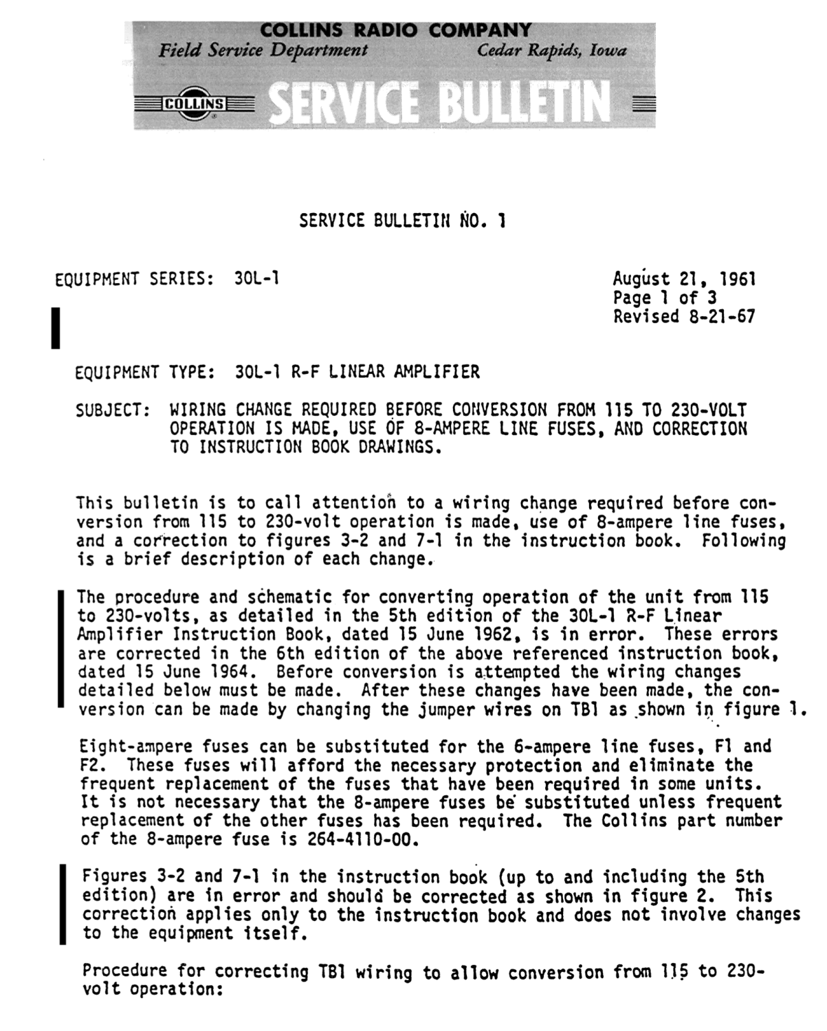 Collins 30L-1 - RF Linear Amplifier - Service Bulletin Number 1 (1967-08)
