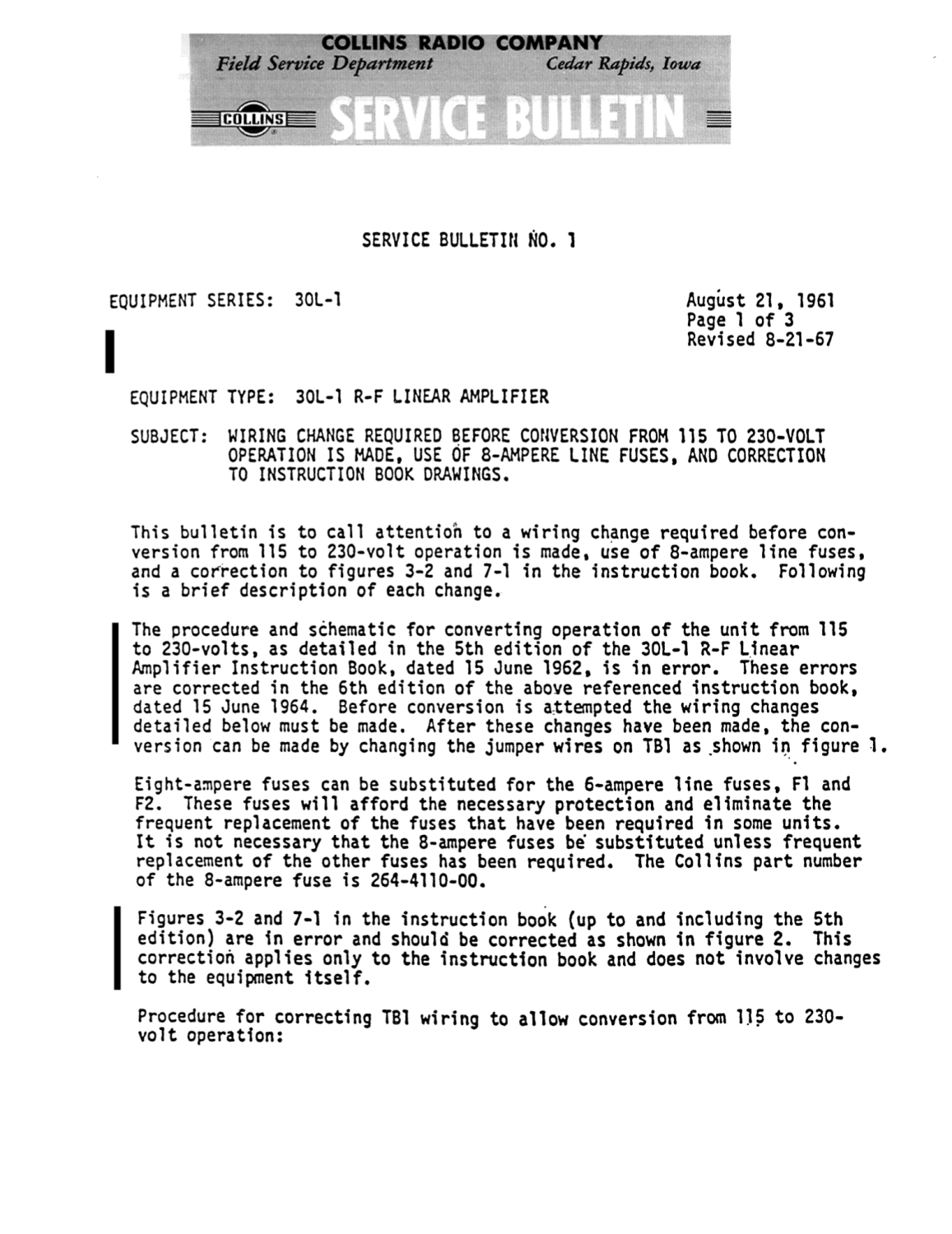 Collins 30L-1 - RF Linear Amplifier - Service Bulletins - (1970-11)