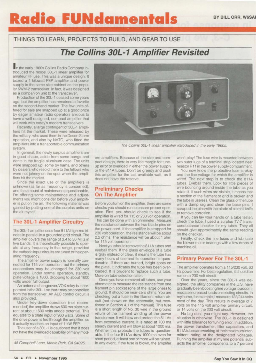 Collins 30L-1 - RF Linear Amplifier - Amplifier Revisited by Bill Orr W6SAI for CQ Magazine (1995-11)