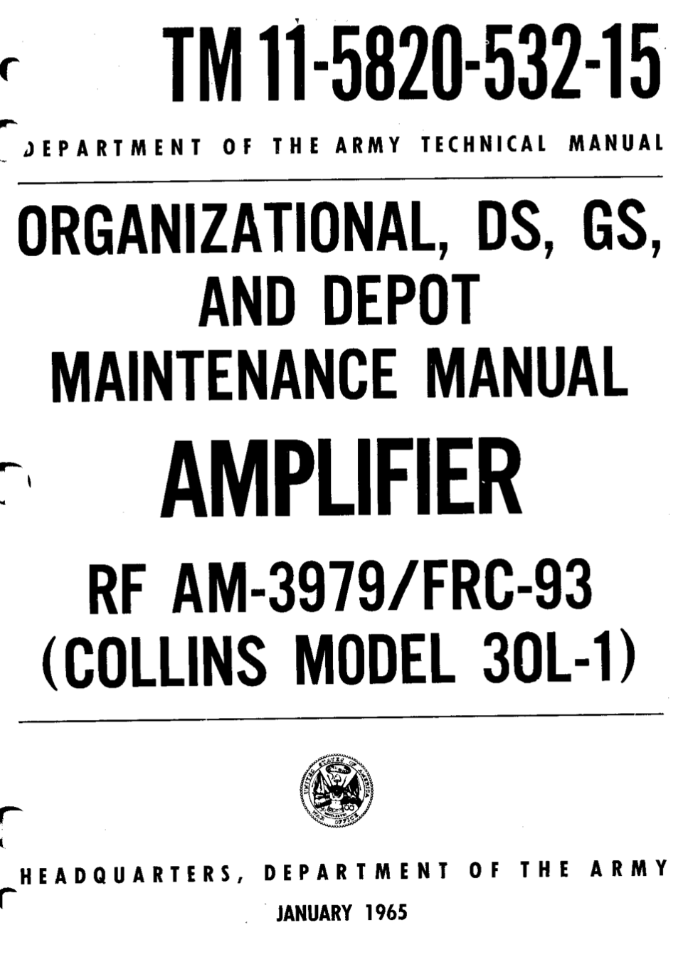 Collins 30L-1 - RF Linear Amplifier - Army Maintenance Manual TM 11-5820-532-15 (1965-01)