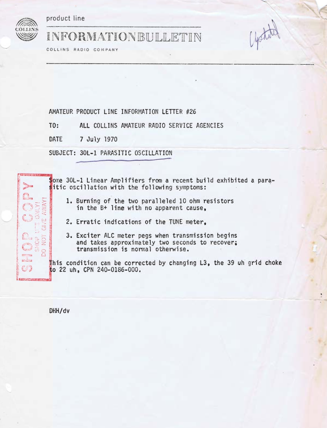 Collins 30L-1 - RF Linear Amplifier - Information Bulletin (1970-07)