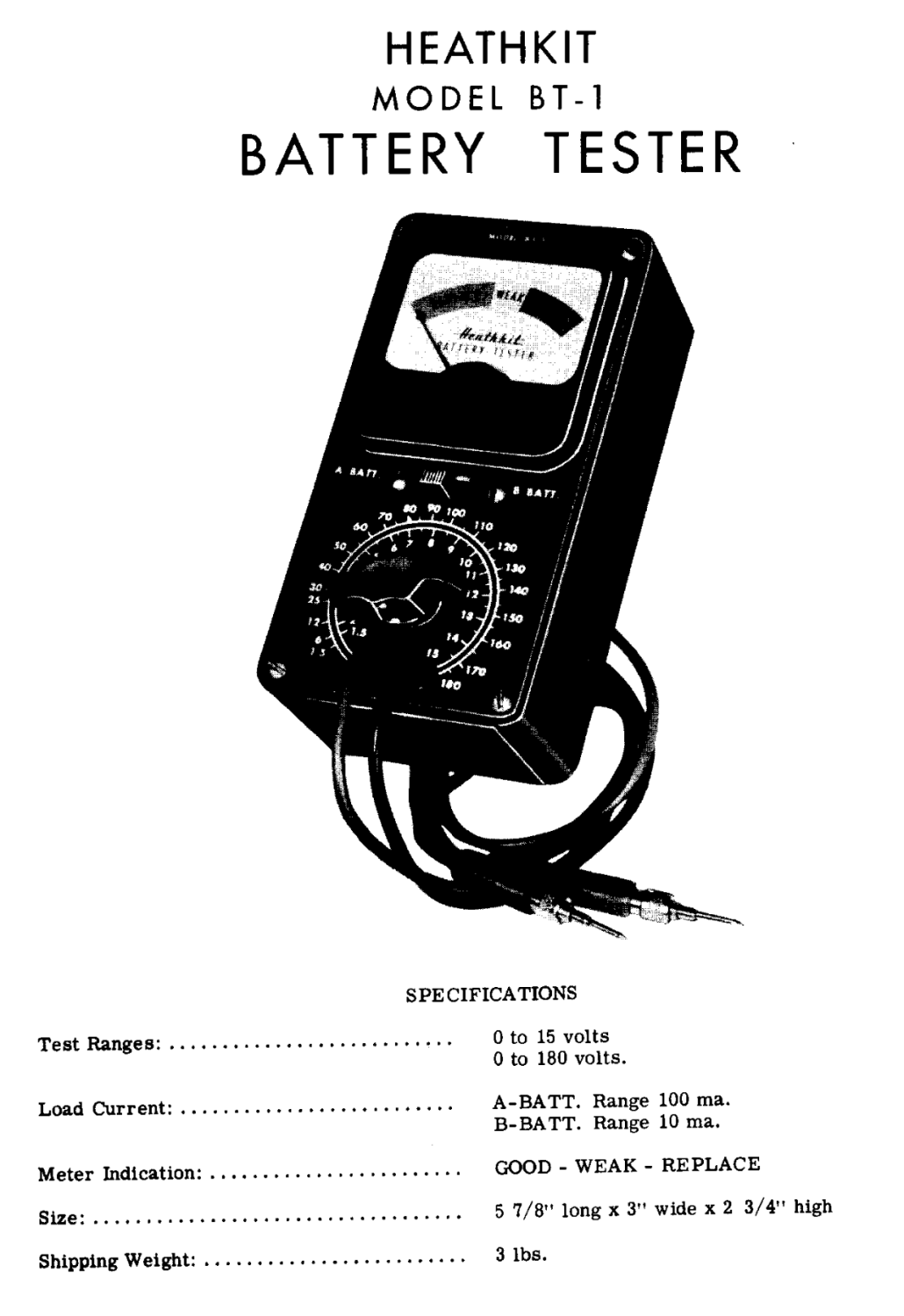 Heathkit BT-1 Battery Tester - Instruction Manual