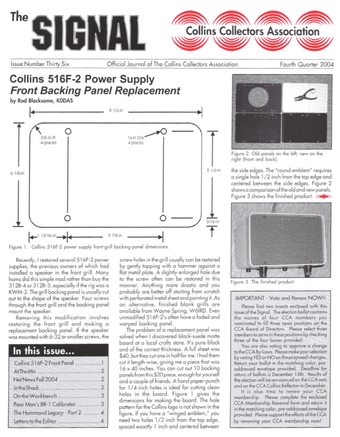 Collins 516F-2 AC Power Supply - Front Panel Backing Replacement (The Signal Issue 36 2004)