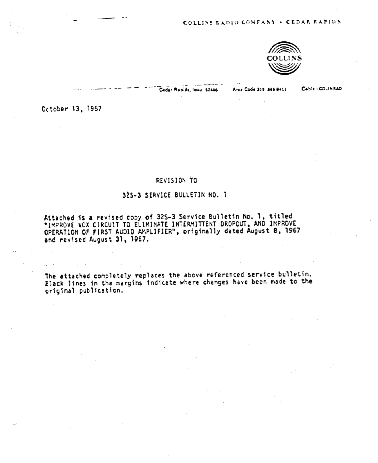 Collins 32S-3 S-Line Transmitter - Service Bulletin 1 - 1967-08
