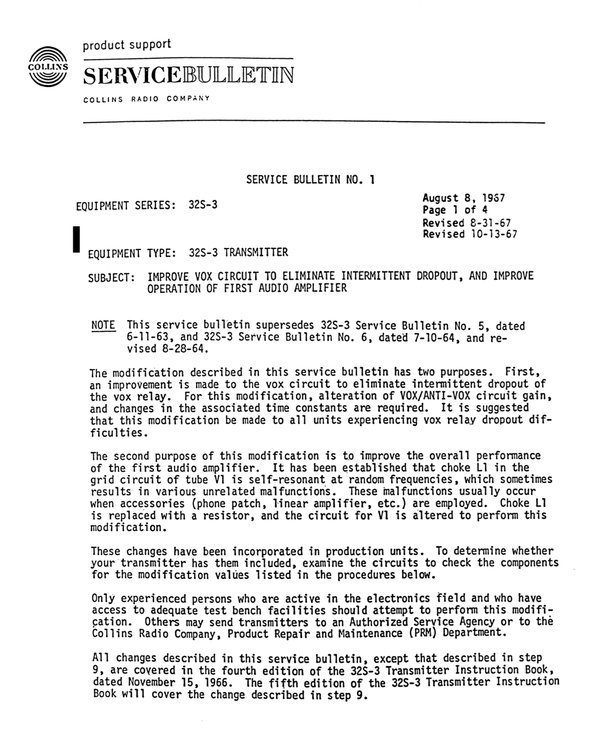 Collins 32S-3 S-Line Transmitter - Service Bulletin 1 - 1967-10
