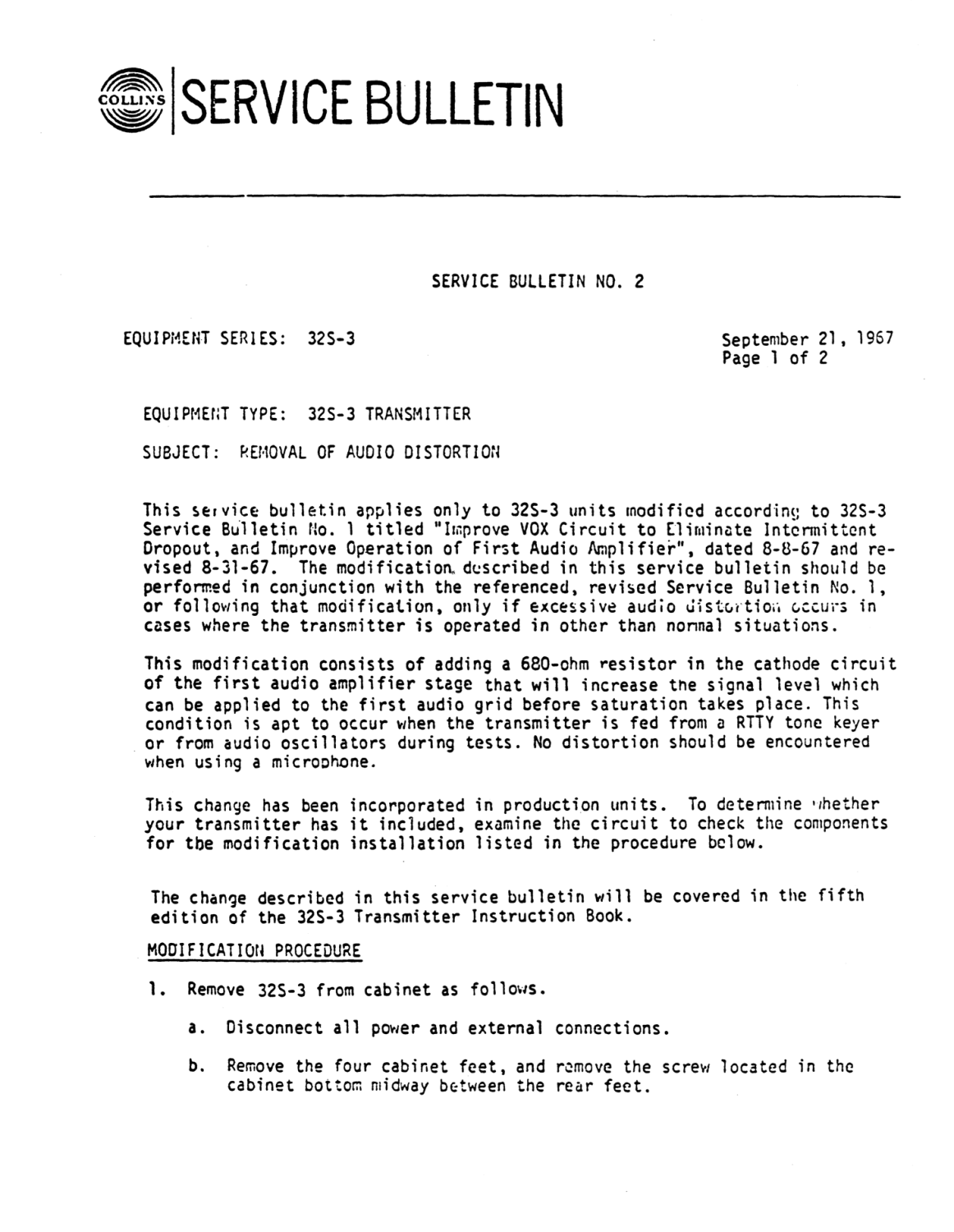 Collins 32S-3 S-Line Transmitter - Service Bulletin 2 - 1967-09