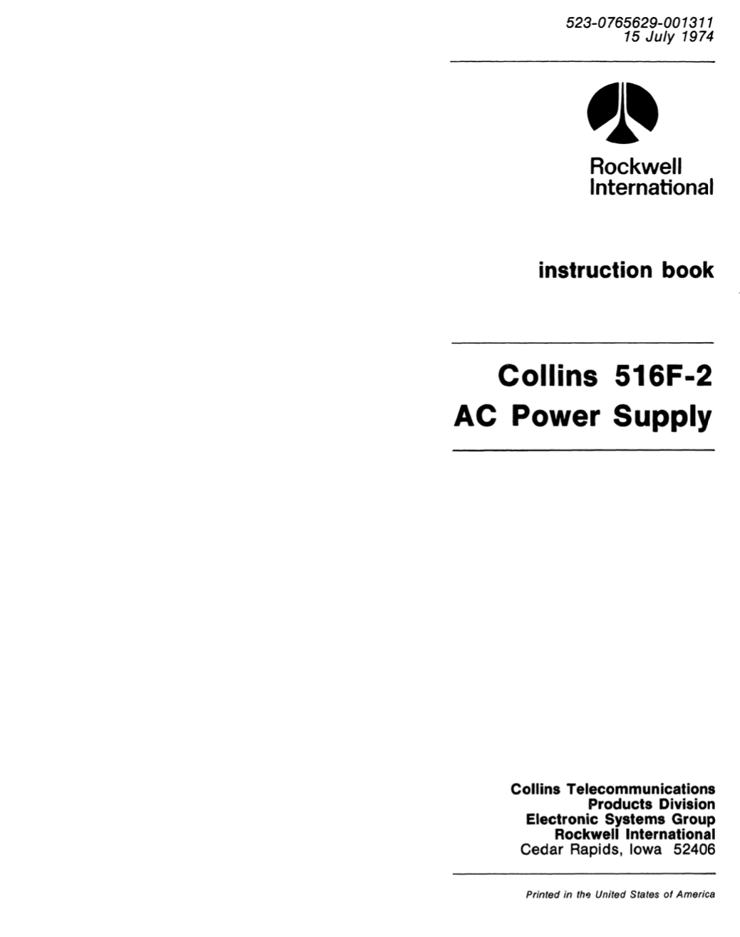 Collins 516F 2 AC Power Supply Instruction Manual