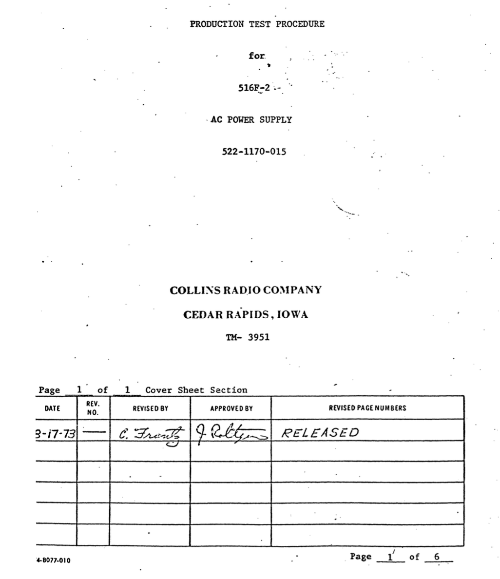 Collins 516F-2 AC Power Supply - Production Test Procedure (1973-03)