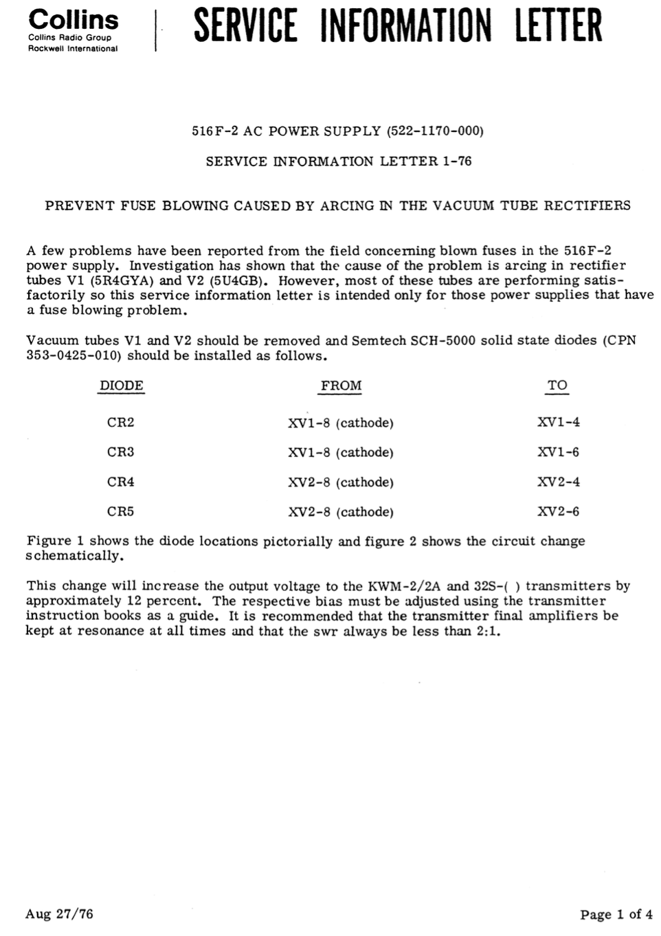 Collins 516F-2 AC Power Supply - Service Information Letter 1-76 (1976-08)