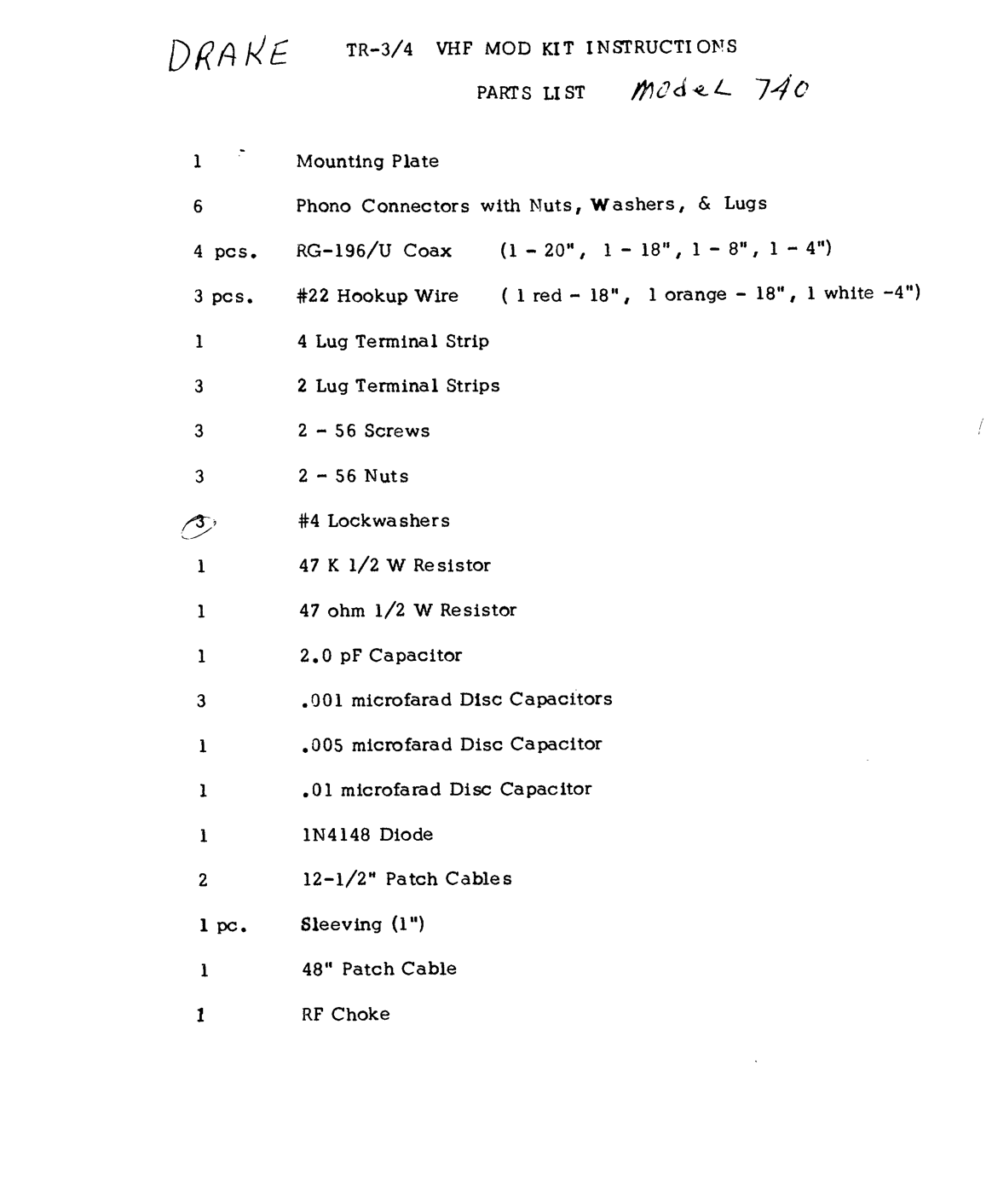 Drake Model 740 Mod Kit - VHF Mod Kit for the TR-3 Transceiver - Instruction Manual