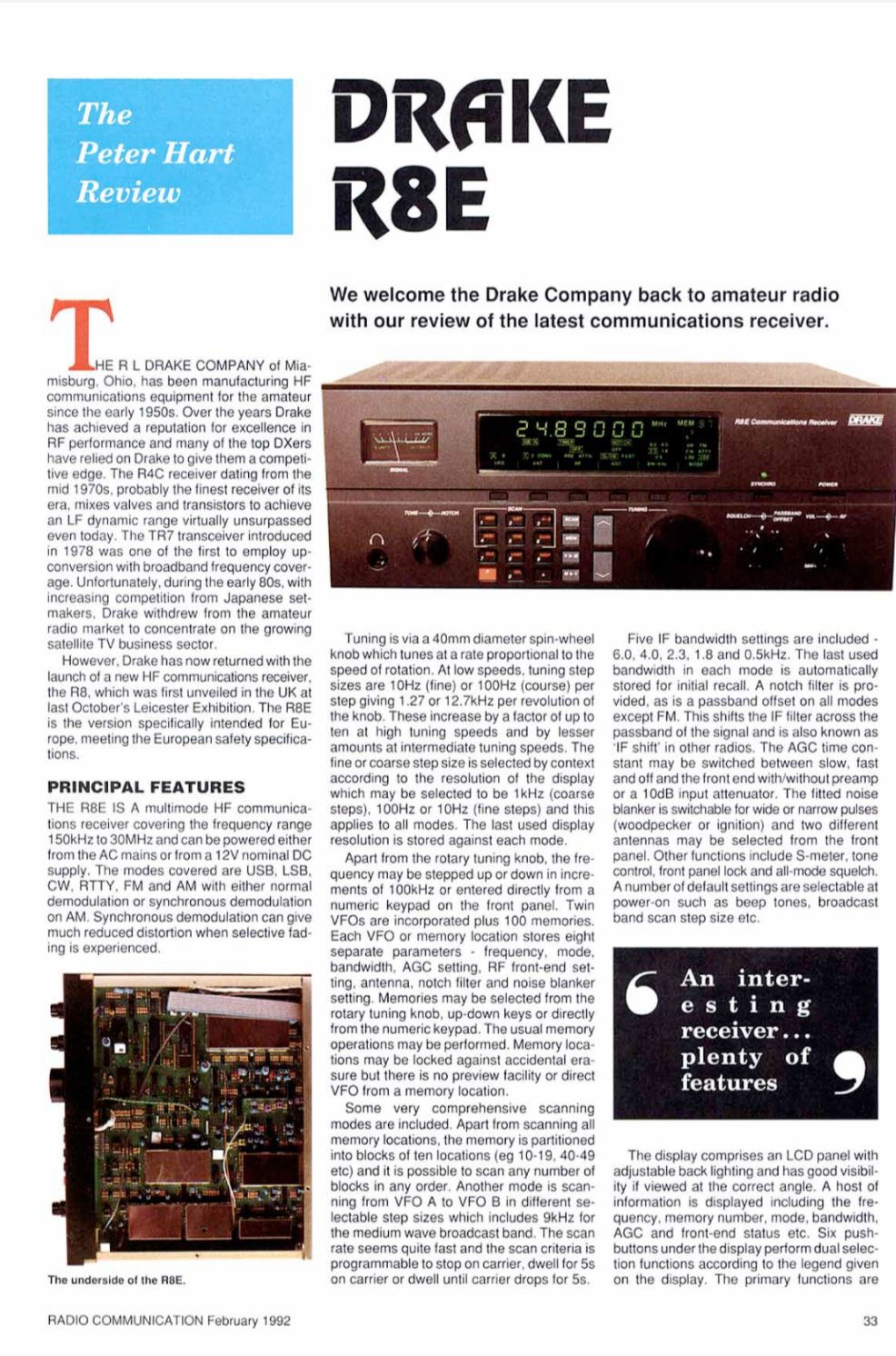 Drake R-8E - Receiver - Review by Peter Hart for Radio Communication Magazine - (1992-02)