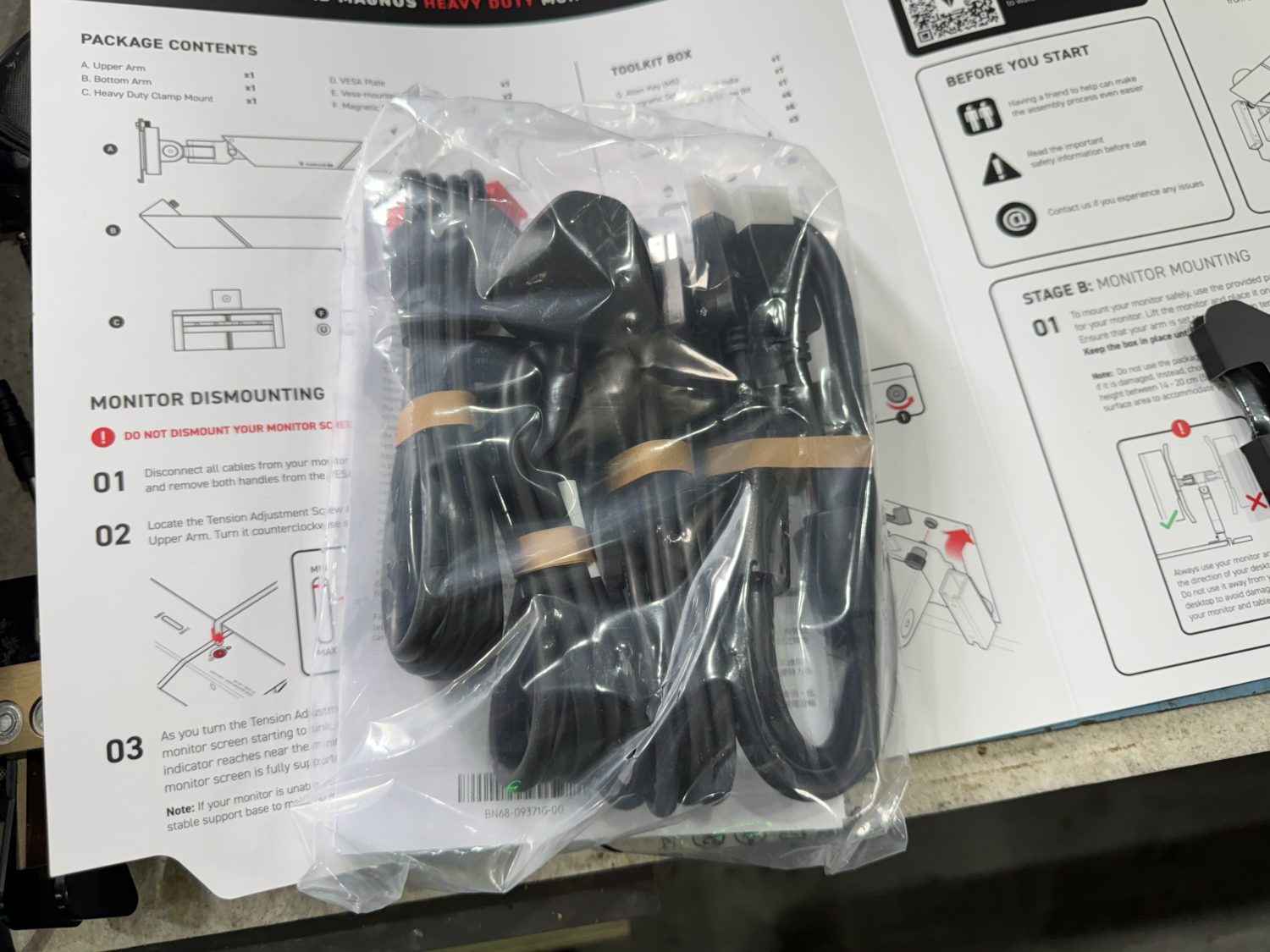 The Samsung 57" G95NC Odyssey Neo G9 240Hz Dual UHD Monitor cable pack.