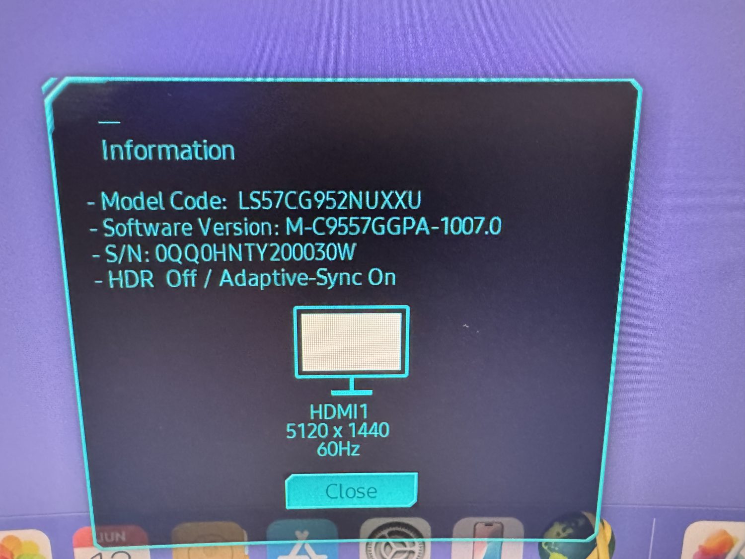 The Information Screen on the Samsung 57" G95NC Odyssey Neo G9 240Hz Dual UHD Monitor